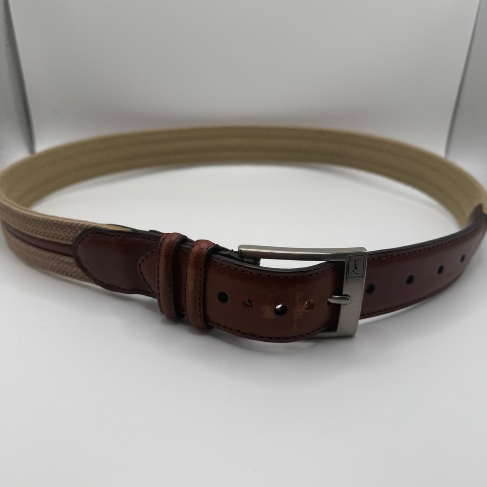 PGA Tour Mens Brown Leather Khaki Braided Golf Belt Size 34 Silver Buckle 56453